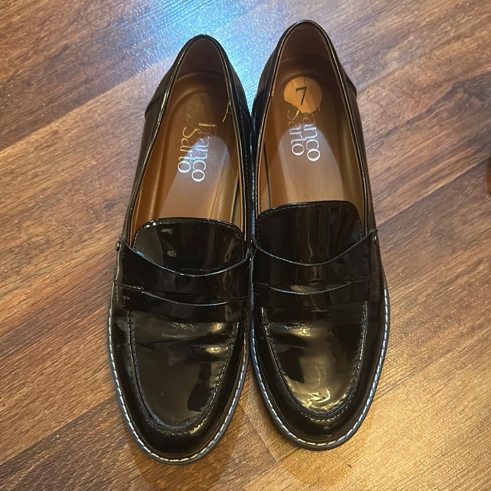 Franco Sarto Cassandra Penny Loafers Black Round Toe Block Heel Shoes 7M